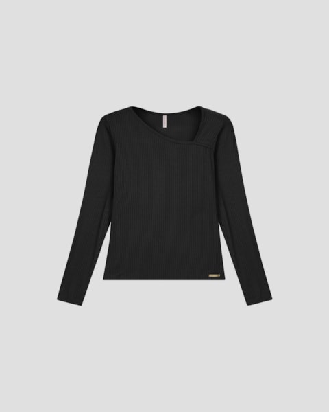 Blusa Feminina Manga Longa com Decote Assimétrico - Cereja Rosa - Preto