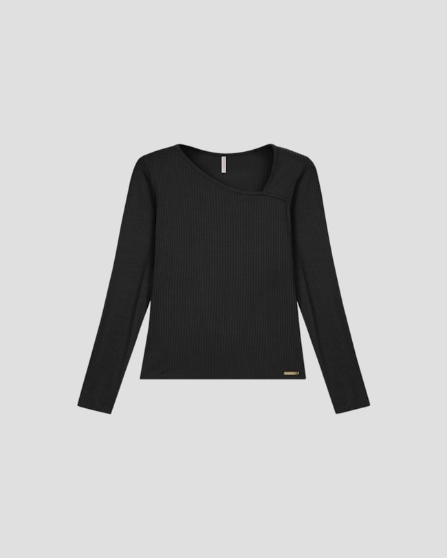 Blusa Feminina Manga Longa com Decote Assimétrico - Cereja Rosa - Preto-b6b45083-80fe-4d82-a2b9-8c6d2839bc80