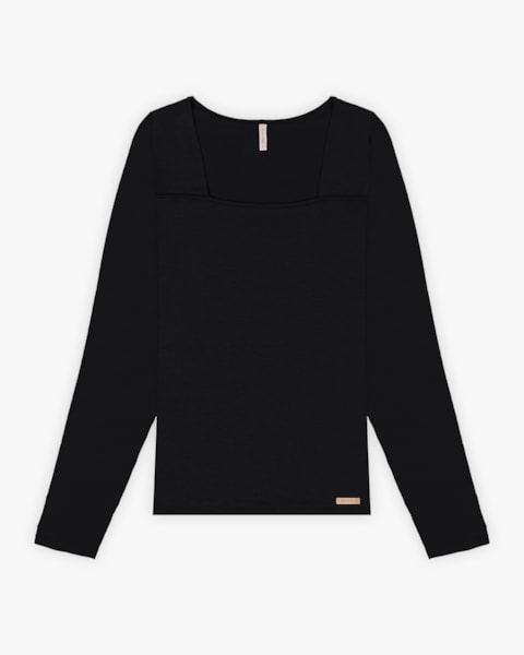 Blusa Feminina Manga Longa com Decote Quadrado - Cereja Rosa - Preto