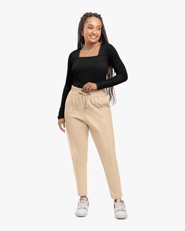 Blusa Feminina Manga Longa com Decote Quadrado - Cereja Rosa - Preto