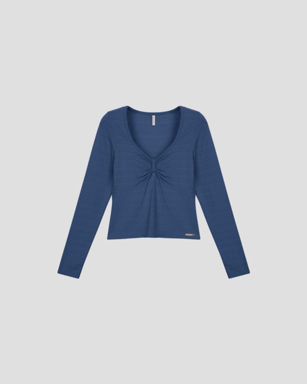 Blusa Feminina Manga Longa Decote com Franzido - Cereja Rosa - Azul