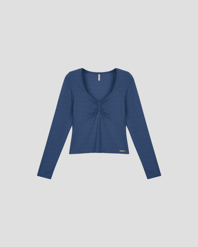Blusa Feminina Manga Longa Decote com Franzido - Cereja Rosa - Azul-214bac9d-a71d-4630-b105-1c91d3040f04