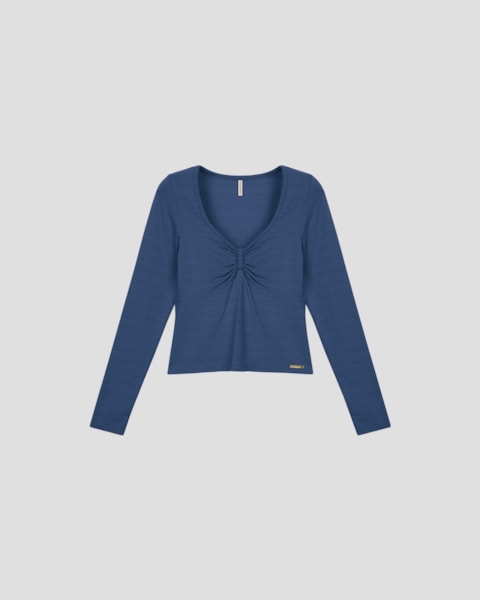 Blusa Feminina Manga Longa Decote com Franzido - Cereja Rosa - Azul