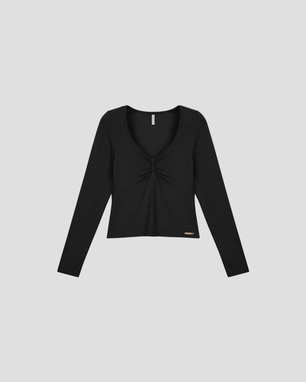 Blusa Feminina Manga Longa Decote com Franzido - Cereja Rosa - Preto