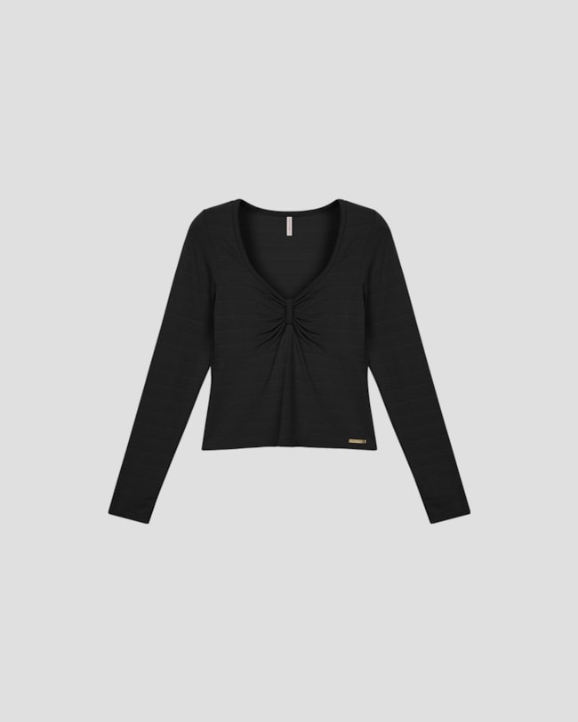 Blusa Feminina Manga Longa Decote com Franzido - Cereja Rosa - Preto-cb1fc1ec-4790-4883-8712-07ccf52d93e3
