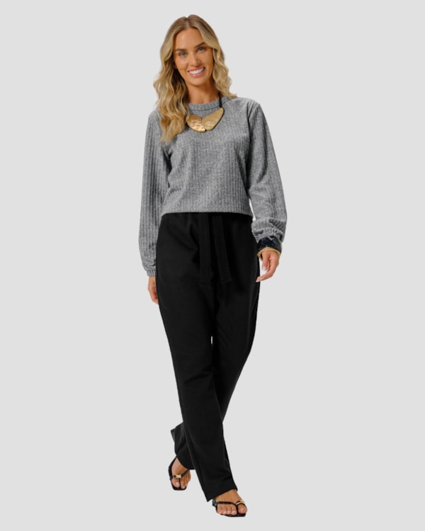 Blusa Feminina Manga Longa em Canelado Aveludado - Cereja Rosa - Cinza