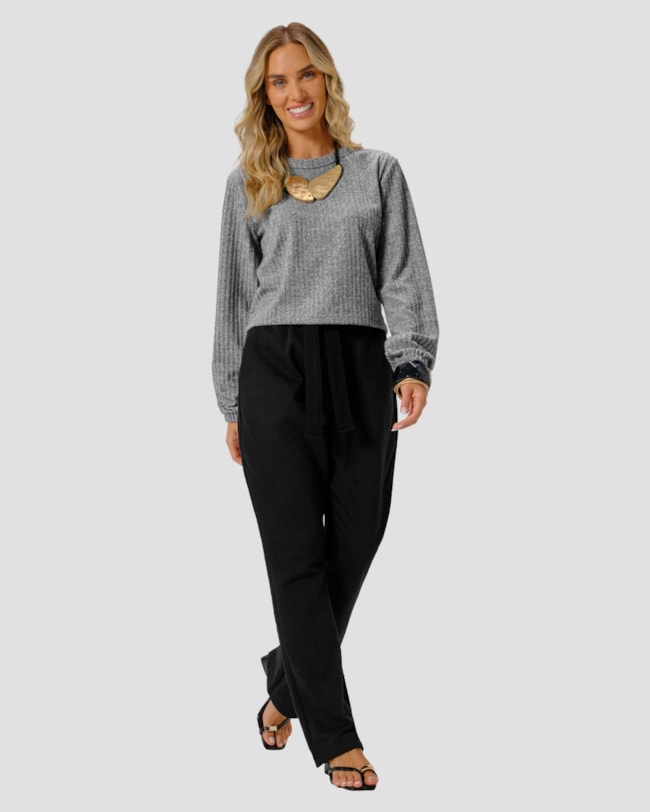 Blusa Feminina Manga Longa em Canelado Aveludado - Cereja Rosa - Cinza-8b81732a-da8e-4d8b-a643-2fc900981e43