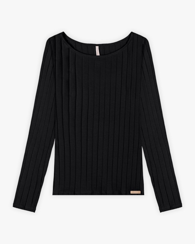 Blusa Feminina Manga Longa em Cotton Canelado - Cereja Rosa - Preto-09534114-ec71-4db9-aaf4-a217480f33df