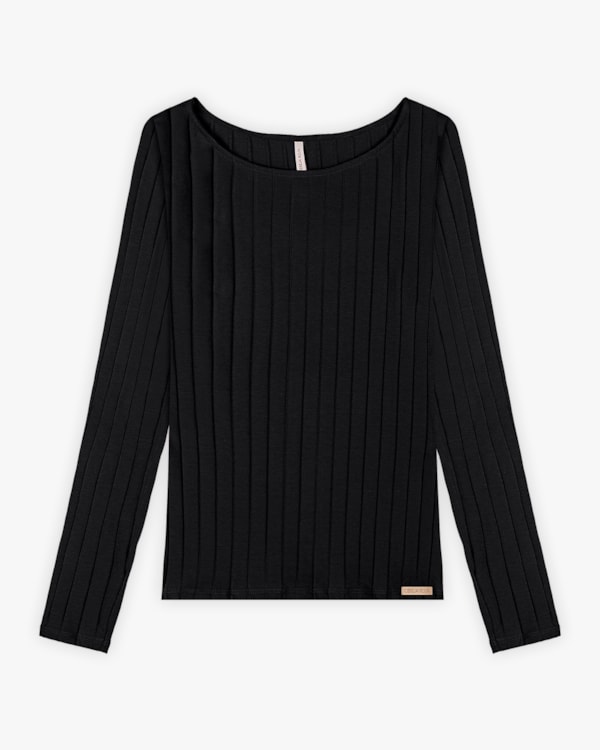 Blusa Feminina Manga Longa em Cotton Canelado - Cereja Rosa - Preto