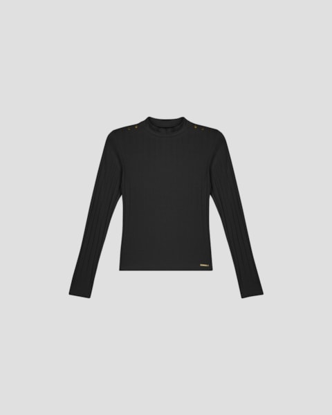 Blusa Feminina Manga Longa em Cotton Canelado - Cereja Rosa - Preto