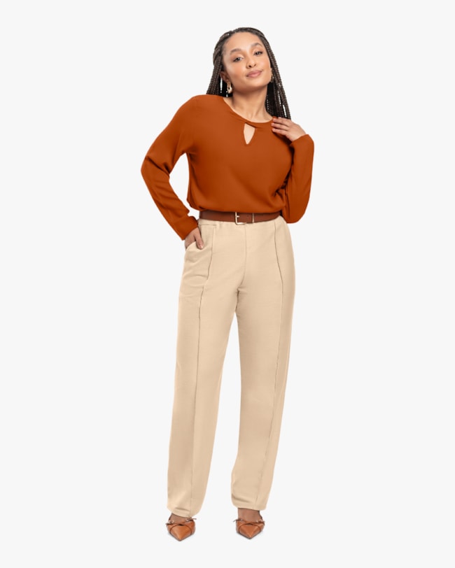 Blusa Feminina Manga Longa em Viscose com Amarração - Cereja Rosa - Terracota-556ddb66-d6cd-4097-b18b-5060a52eb7cd