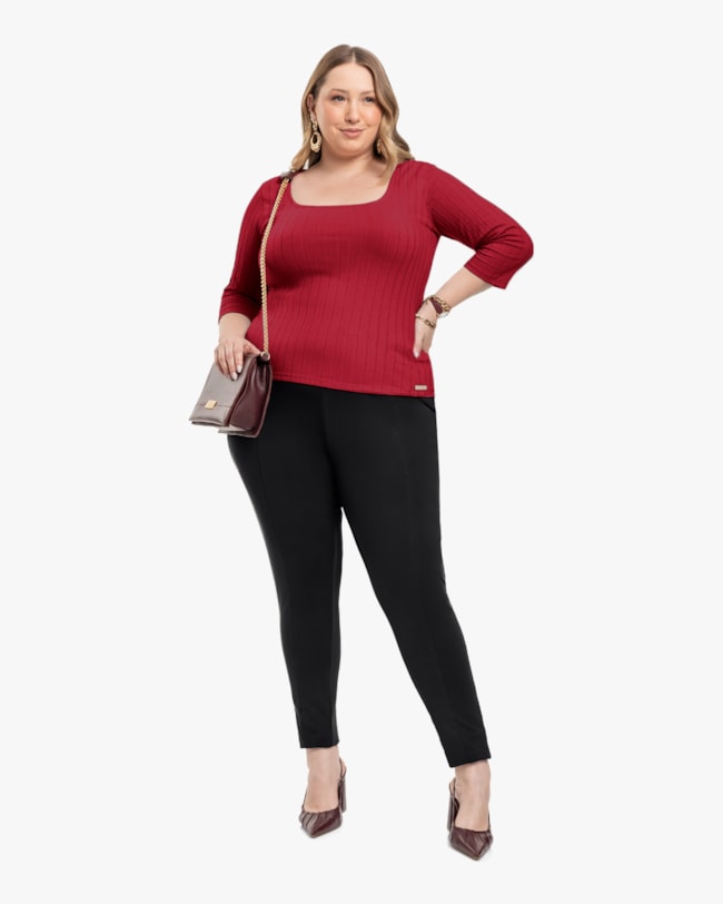 Blusa Feminina Plus Size Canelada com Manga 3/4 - Cereja Rosa - Cherry Red-f022b8b9-2cd0-4174-b55e-516c0797f3ae