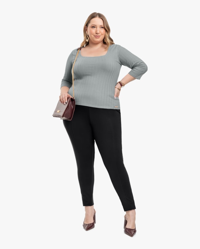 Blusa Feminina Plus Size Canelada com Manga 3/4 - Cereja Rosa - Cinza-67e61bd9-aaae-48e1-8a3d-7fd56192451d