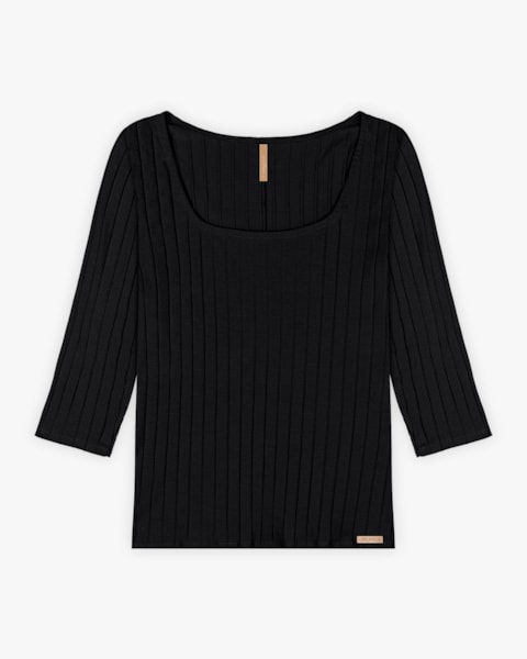 Blusa Feminina Plus Size Canelada com Manga 3/4 - Cereja Rosa - Preto