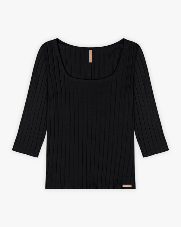 Blusa Feminina Plus Size Canelada com Manga 3/4 - Cereja Rosa - Preto