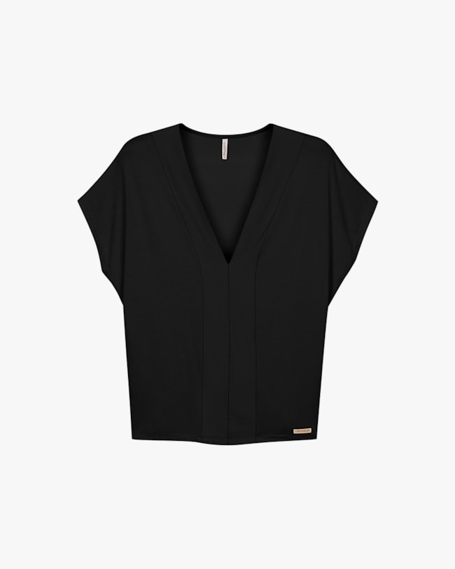 Blusa Feminina Plus Size com Decote V - Cereja Rosa - Preto-ba6290d2-c7f6-40a8-848d-618870c487ca