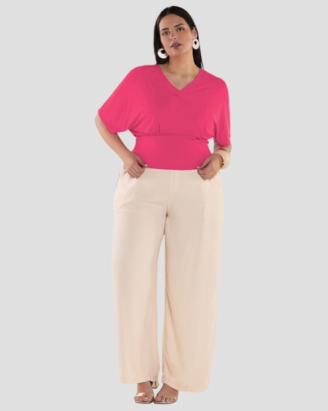 Blusa Feminina Plus Size com Decote V em Viscose - Cereja Rosa - Cherry