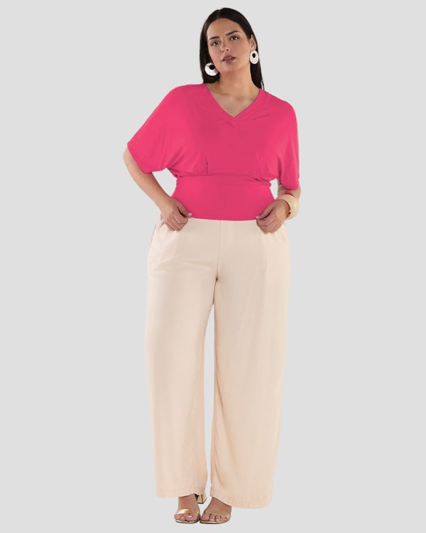 Blusa Feminina Plus Size com Decote V em Viscose - Cereja Rosa - Cherry