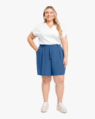 Blusa Feminina Plus Size com Decote V em Viscose Linho - Cereja Rosa -Branco