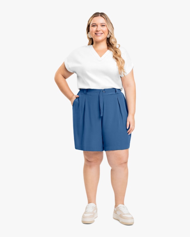 Blusa Feminina Plus Size com Decote V em Viscose Linho - Cereja Rosa -Branco-a6881554-eeda-4ea0-a1d1-16df3d06b5c9
