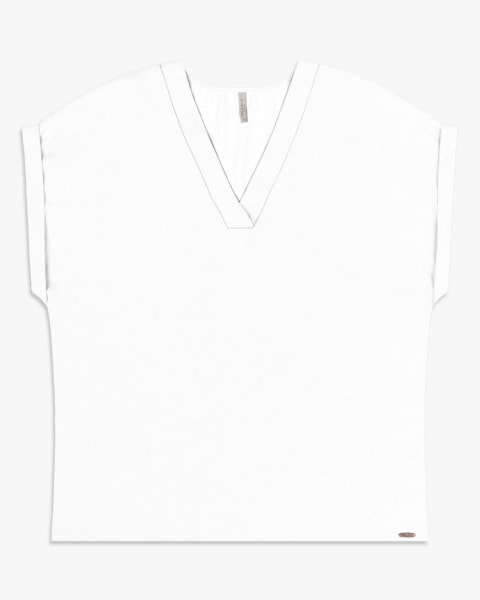 Blusa Feminina Plus Size com Decote V em Viscose Linho - Cereja Rosa -Branco