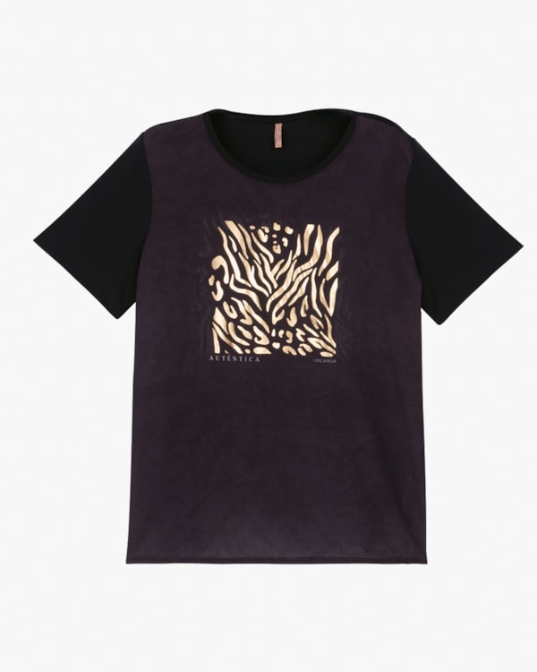 Blusa Feminina Plus Size com Estampa Metalizada - Cereja Rosa - Preto