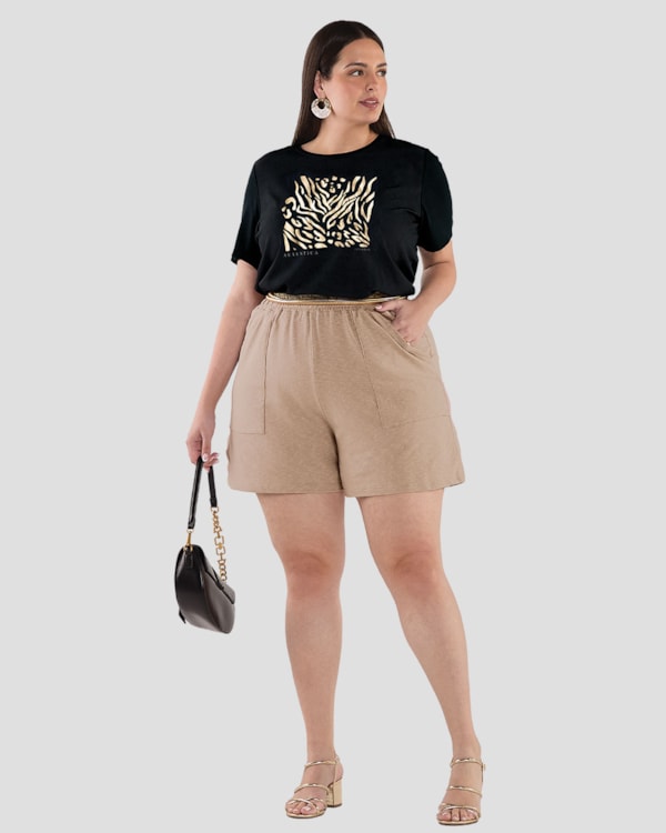 Blusa Feminina Plus Size com Estampa Metalizada - Cereja Rosa - Preto