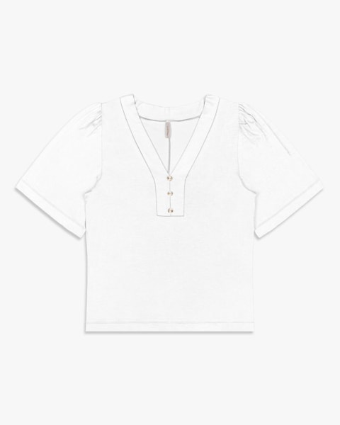 Blusa Feminina Plus Size com Manga Bufante- Cereja Rosa - Branco