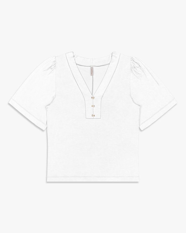 Blusa Feminina Plus Size com Manga Bufante- Cereja Rosa - Branco