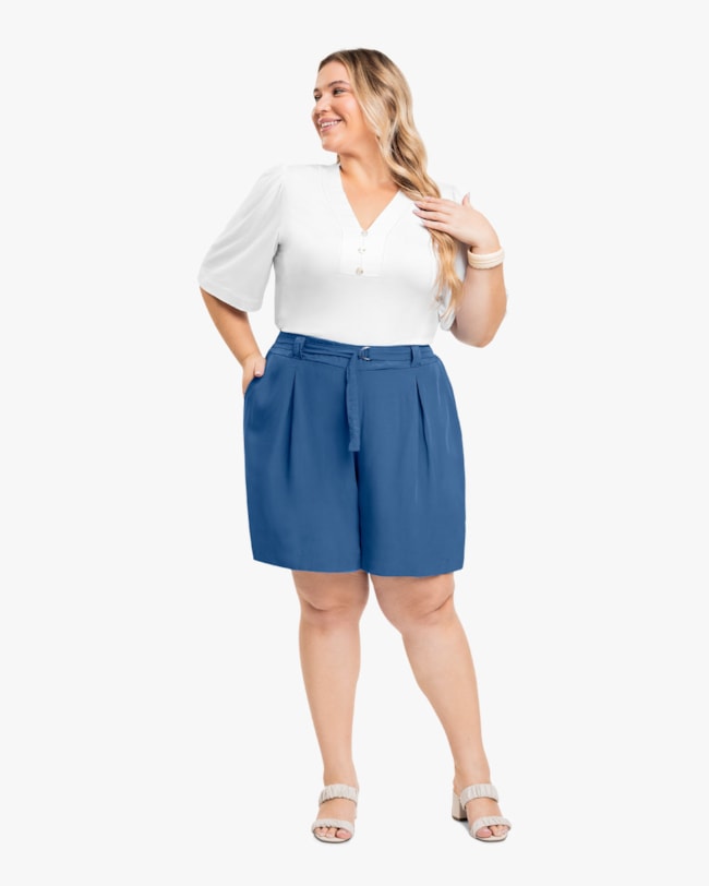 Blusa Feminina Plus Size com Manga Bufante- Cereja Rosa - Branco-6083870b-073b-4169-83ec-9866f3936e4a