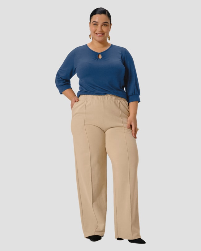 Blusa Feminina Plus Size Manga 3/4 com Decote Gota - Cereja Rosa - Azul-a6371aa8-8787-4104-a9b3-dad6677d3745