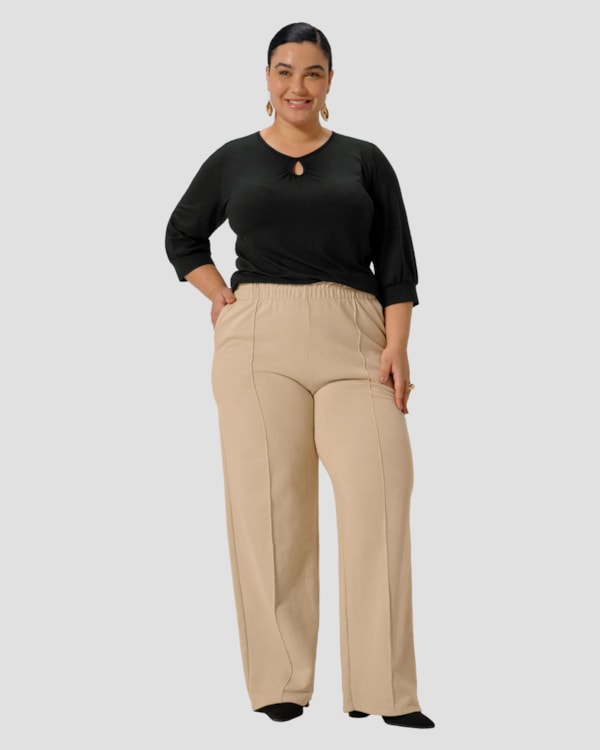 Blusa Feminina Plus Size Manga 3/4 com Decote Gota - Cereja Rosa - Preto