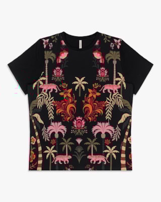 Blusa Feminina Plus Size Manga Curta com Estampa - Cereja Rosa - Preto