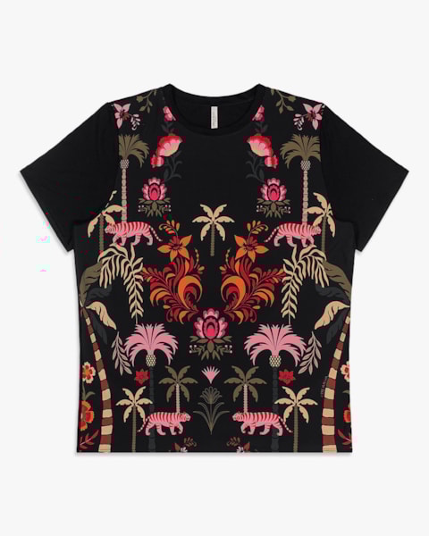 Blusa Feminina Plus Size Manga Curta com Estampa - Cereja Rosa - Preto