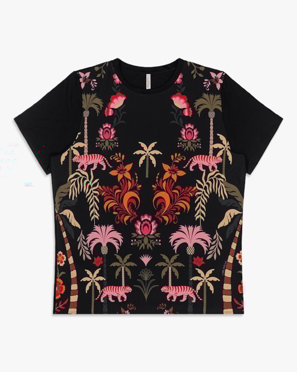 Blusa Feminina Plus Size Manga Curta com Estampa - Cereja Rosa - Preto