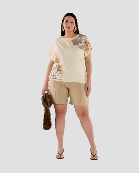 Blusa Feminina Plus Size Manga Curta com Estampa - Cereja Rosa - Tapioca