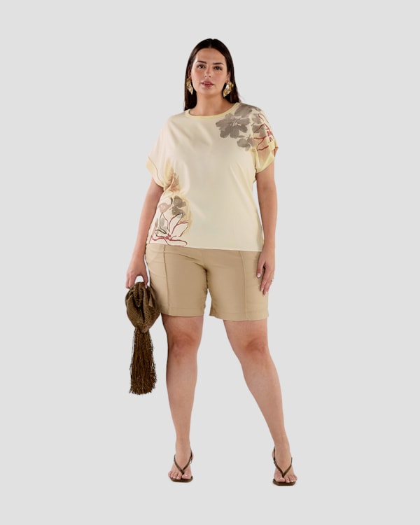 Blusa Feminina Plus Size Manga Curta com Estampa - Cereja Rosa - Tapioca