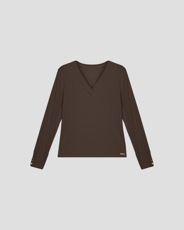 Blusa Feminina Plus Size Manga Longa Canelada - Cereja Rosa - Marrom