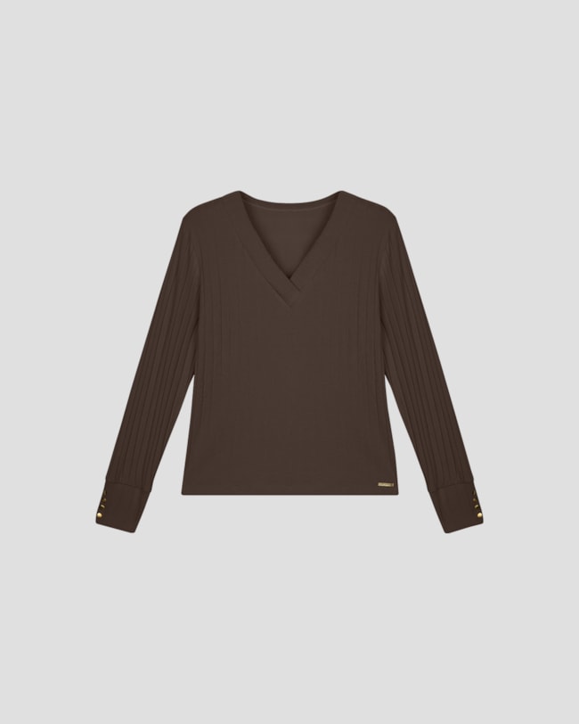 Blusa Feminina Plus Size Manga Longa Canelada - Cereja Rosa - Marrom-1c3c912a-75ec-4c7e-83e3-da9ae158311d