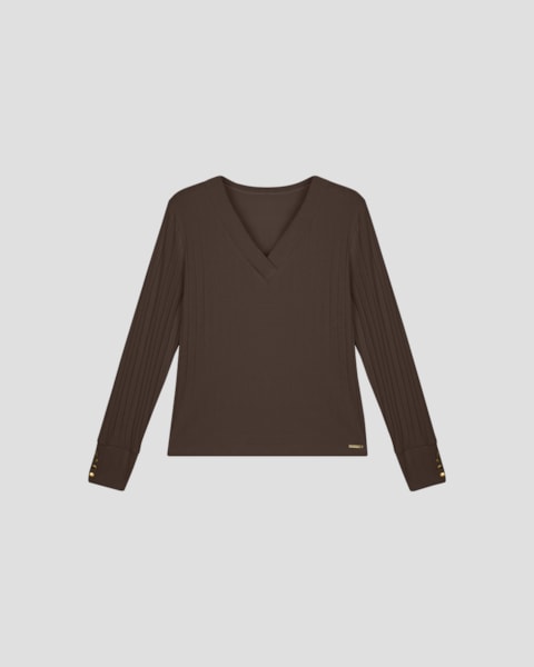 Blusa Feminina Plus Size Manga Longa Canelada - Cereja Rosa - Marrom