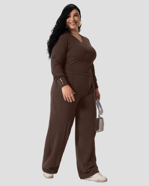 Blusa Feminina Plus Size Manga Longa Canelada - Cereja Rosa - Marrom