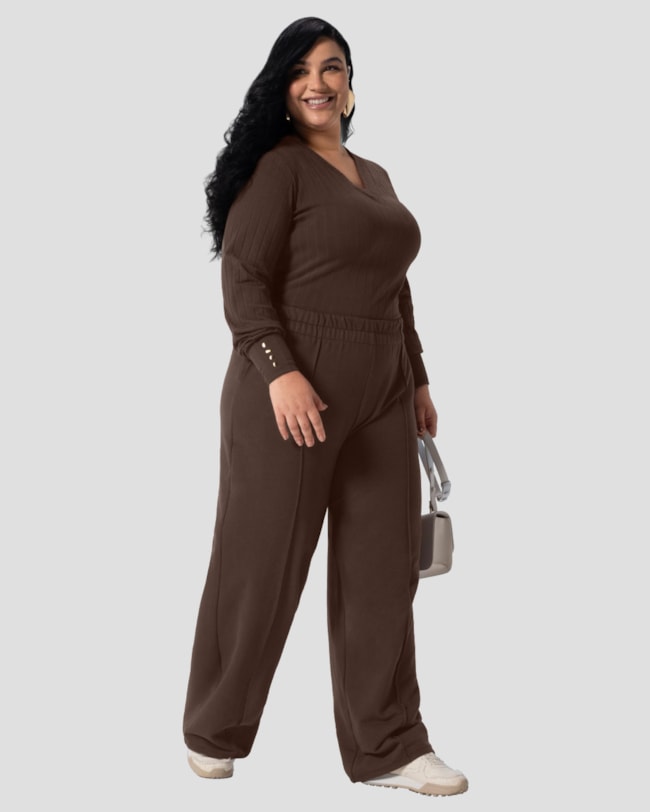 Blusa Feminina Plus Size Manga Longa Canelada - Cereja Rosa - Marrom-d13553be-1c70-4088-bbac-a85f32010804