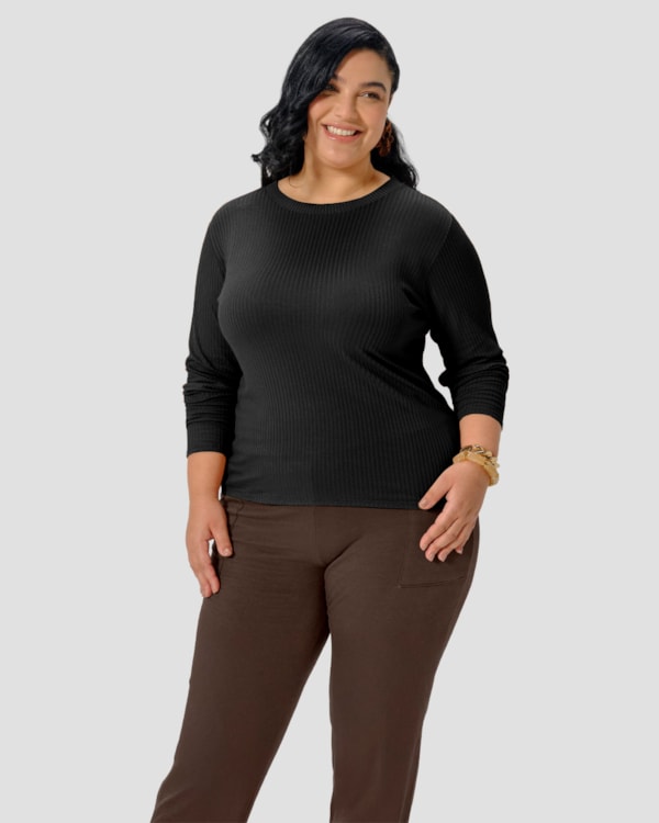 Blusa Feminina Plus Size Manga Longa com Retilínea - Cereja Rosa - Preto