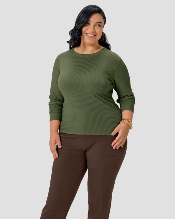 Blusa Feminina Plus Size Manga Longa com Retilínea - Cereja Rosa - Verde