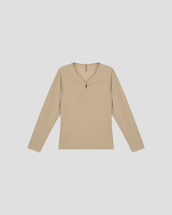 Blusa Feminina Plus Size Manga Longa Decote Gota - Cereja Rosa - Bege