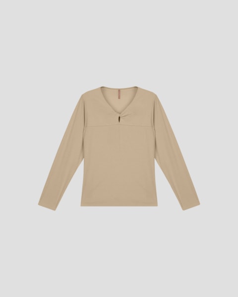 Blusa Feminina Plus Size Manga Longa Decote Gota - Cereja Rosa - Bege