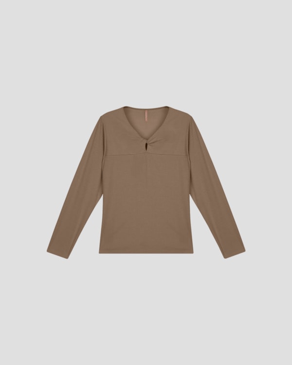 Blusa Feminina Plus Size Manga Longa Decote Gota - Cereja Rosa - Marrom