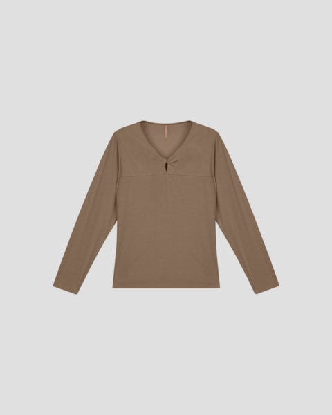 Blusa Feminina Plus Size Manga Longa Decote Gota - Cereja Rosa - Marrom