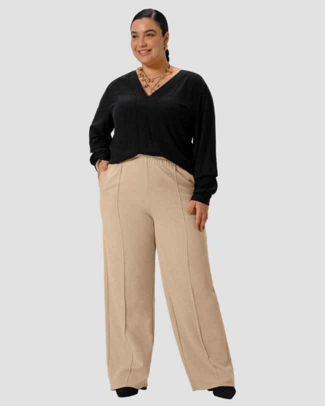 Blusa Feminina Plus Size Manga Longa em Viscose - Cereja Rosa - Preto-f940b5c4-69b0-448a-9c9c-a753599e58e4