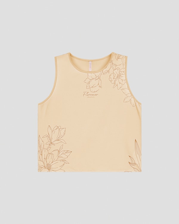 Blusa Feminina Sem Mangas Estampada Floral  Cereja Rosa Bege